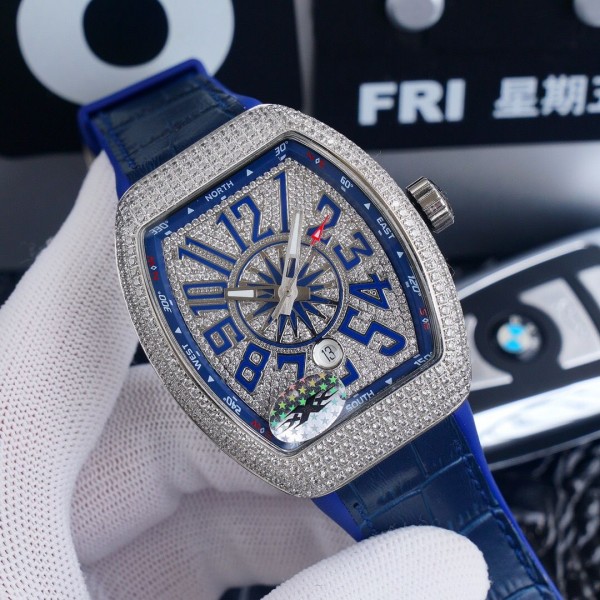 Franck Muller Vanguard Yachting v45 Full Diamond Watch Blue Strap