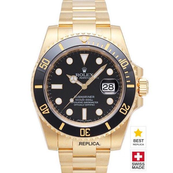 Rolex Submariner 18k Gold Black Dial Ceramic Bezel Swiss Replica Watch